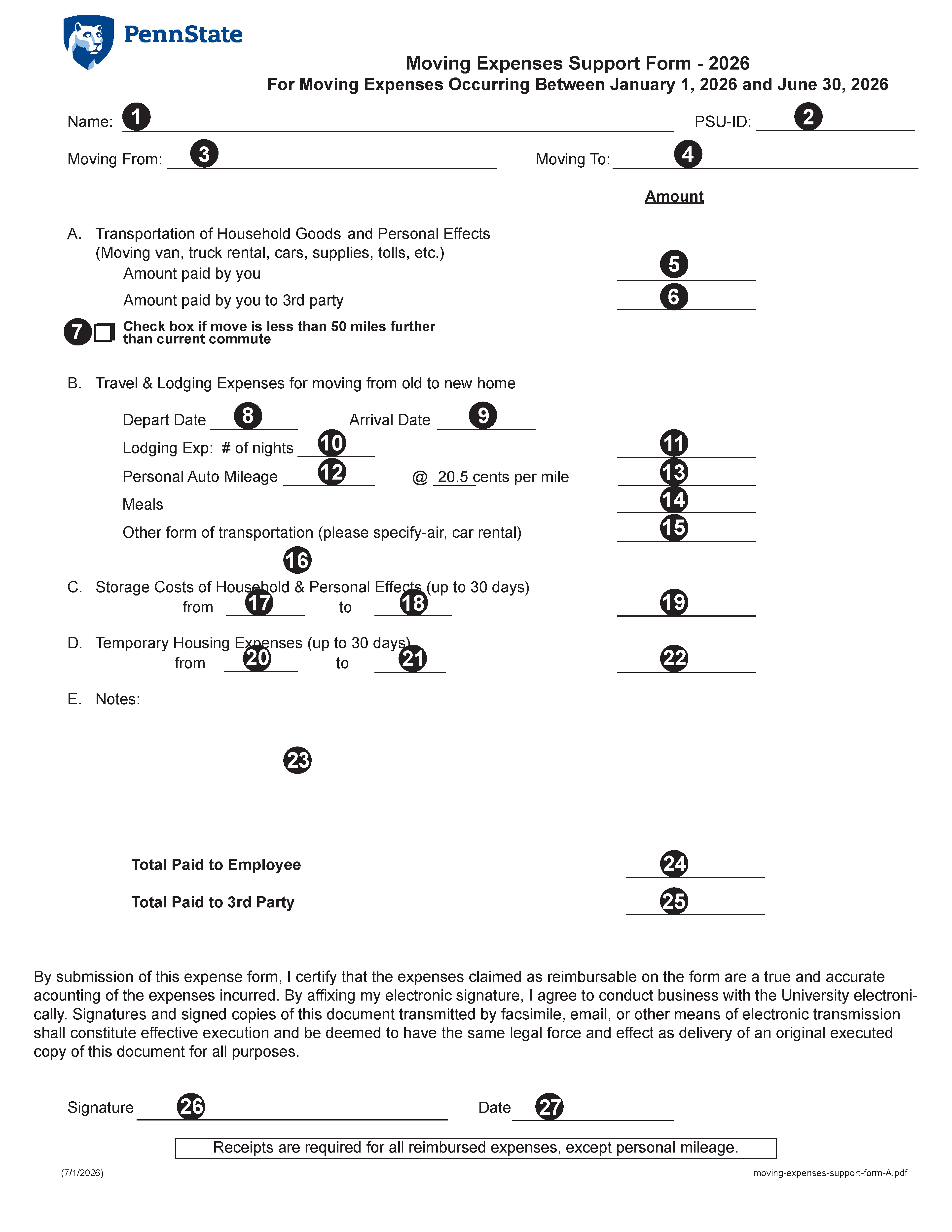 Image of Moving Expenses Support Form-2026A
